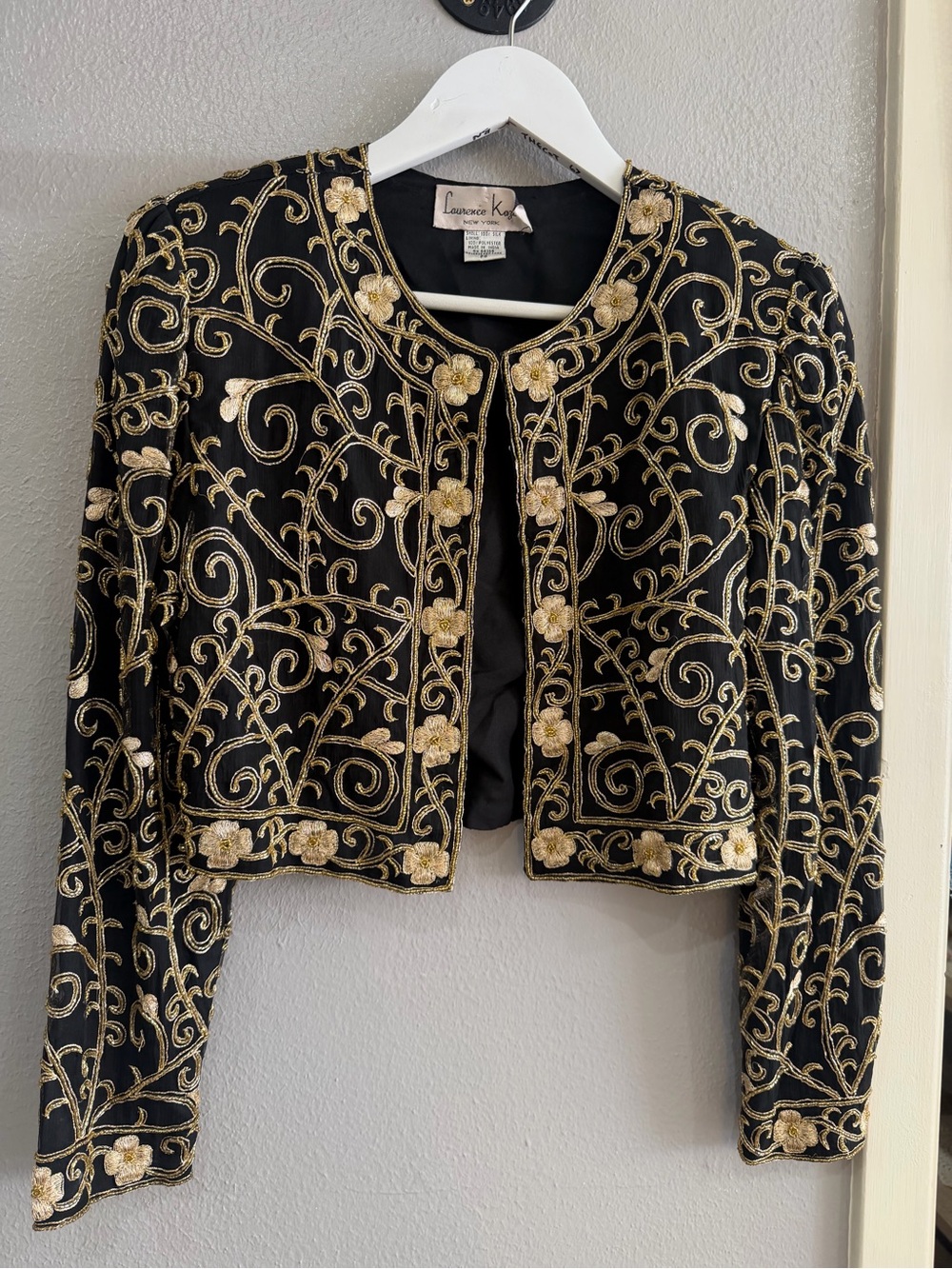 Laurence Kazar Black Velvet Jacket with Gold Floral Embroidery